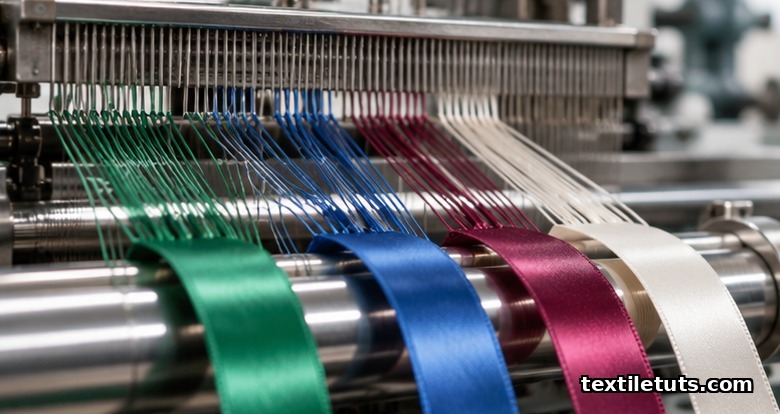 Glossy satin ribbons in jewel tones emerging from a needle loom's steel reed over chrome rollers, close-up industrial textile photograph.