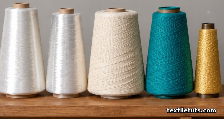 Conical yarn packages of polyester filament, nylon, spun cotton, spun polyester, and aramid arranged on a wooden creel shelf.