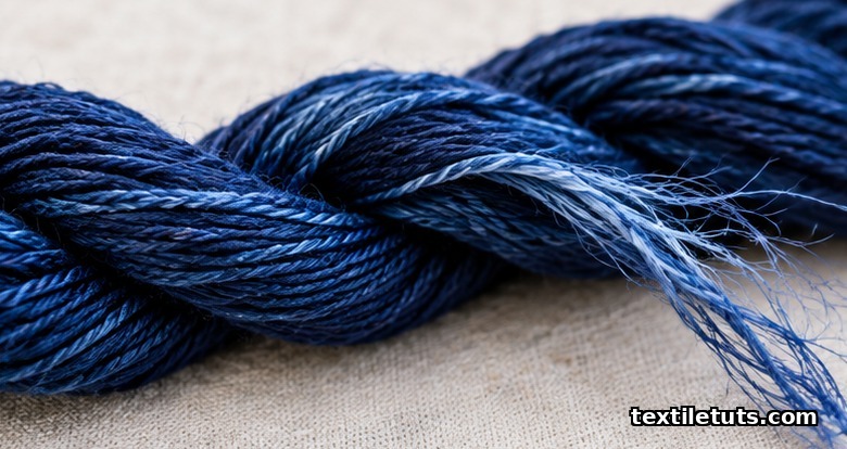 Macro photograph of indigo-dyed cotton warp yarn strands showing deep navy surface characteristic of vat-dyed indigo pigment.