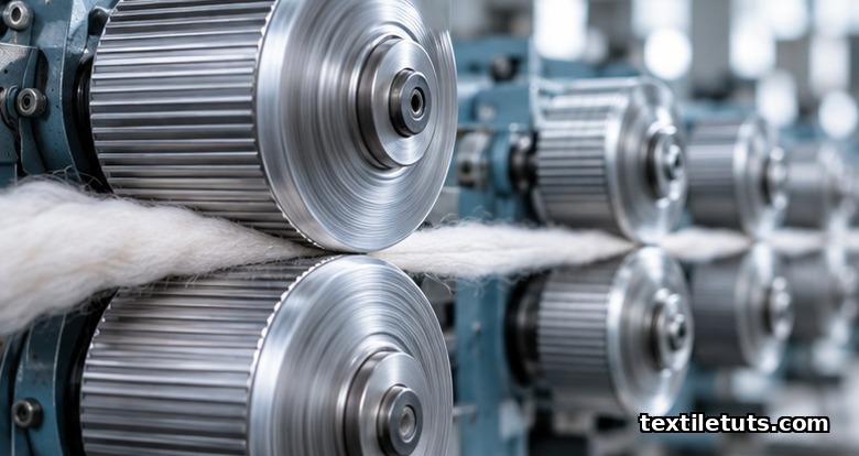 Close-up of two pairs of fluted steel drafting rollers gripping white cotton roving in a spinning frame, attenuating the strand into yarn.
