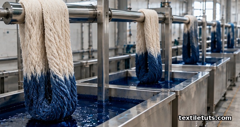 Side view of a rope-dyeing range with twisted warp yarn bundle dipping through indigo dye boxes