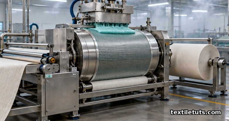 Industrial rotary screen printing machine with foam generator feeding foam through a rotating screen onto fabric.