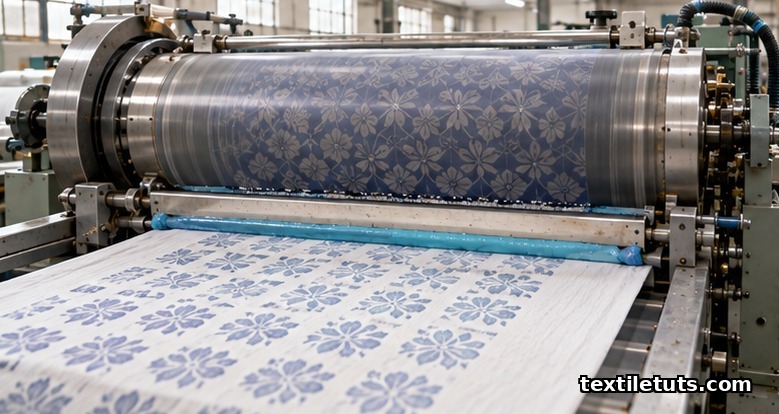 A rotary screen printing machine applying a floral motif onto a continuous run of cotton fabric in a textile mill.