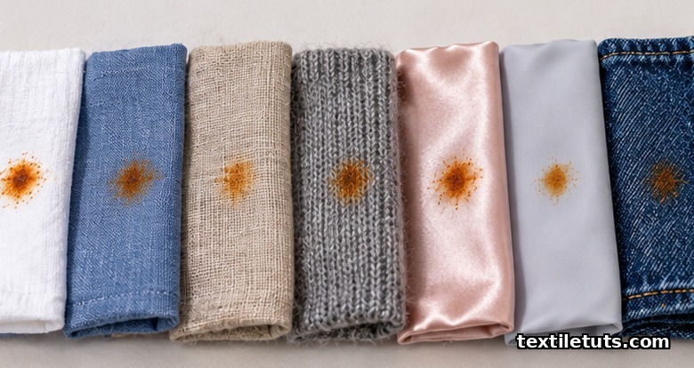 Cotton, linen, wool, silk, polyester, and denim swatches each showing a small rust stain for fabric comparison