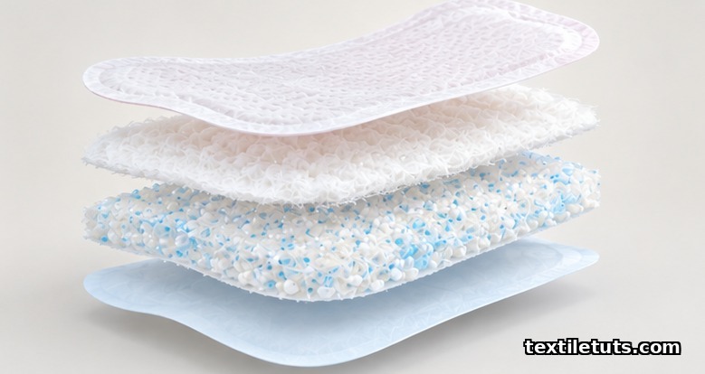 Exploded view of a single-use sanitary pad showing top sheet, ADL, superabsorbent core, and backsheet floating in vertical alignment.