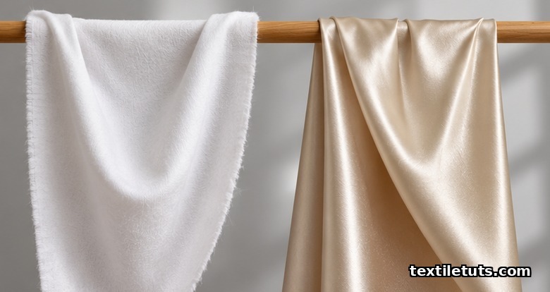 Cotton sateen and silk satin samples draped over a wooden dowel showing soft rounded drape versus sharp angular liquid drape.