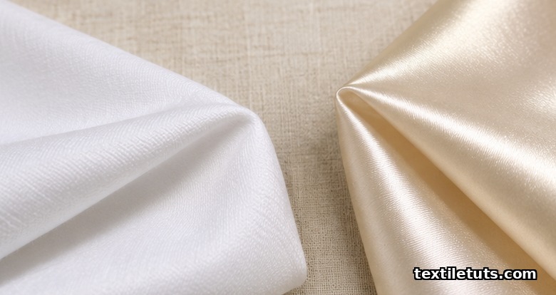 Side-by-side comparison of soft matte cotton sateen and glossy silk satin fabric swatches folded on a neutral linen backdrop.