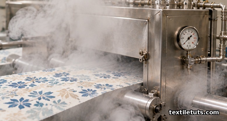 Close-up of saturated steam fixation chamber with printed cotton fabric and escaping steam.