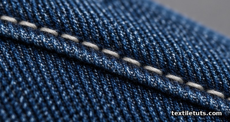 Macro close-up of a lockstitch seam on indigo denim showing woven warp yarns crossing the stitch line.