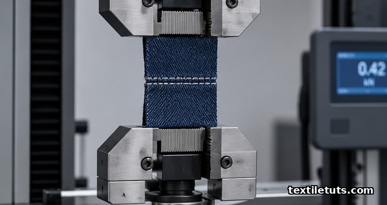 Tensile testing machine gripping a fabric specimen by its full width with the sewn seam centered between the jaws.