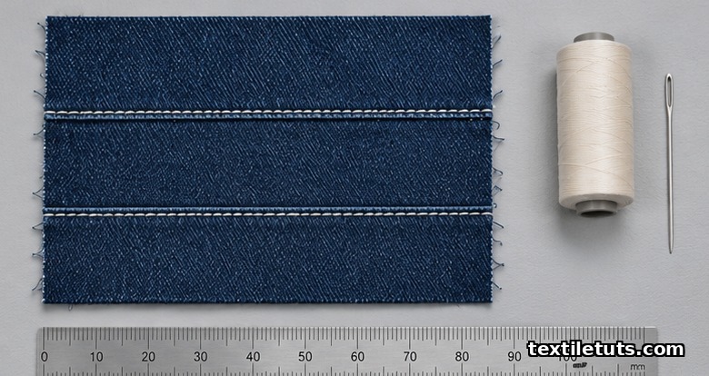 Flat-lay of a rectangular woven fabric specimen with two parallel sewn seams beside thread and a ruler.