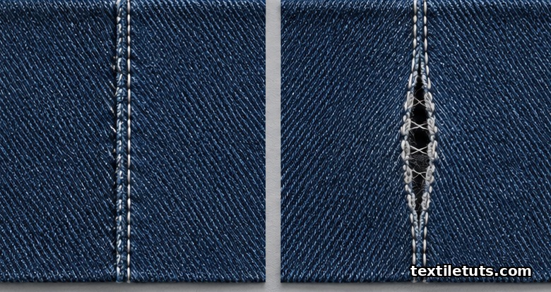 Side-by-side comparison of a tight seam versus a gapping slipped seam on woven fabric under tension.