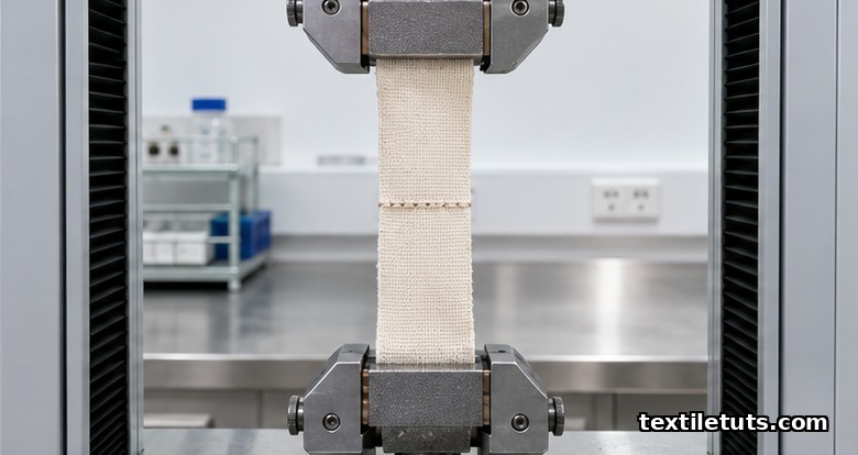 Tensile testing machine gripping a woven fabric strip with a sewn seam visible across the center, prepared for ISO 13935 seam strength testing.