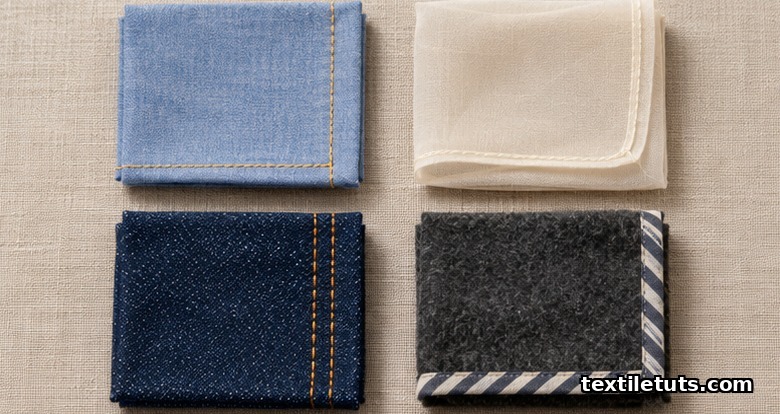 Four fabric swatches comparing plain, French, flat-felled, and bound seam constructions on a neutral linen surface.