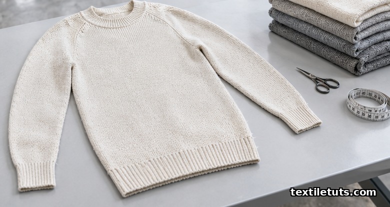 Finished seamless WHOLEGARMENT sweater with shaped panels lying on a flat inspection table in soft daylight.