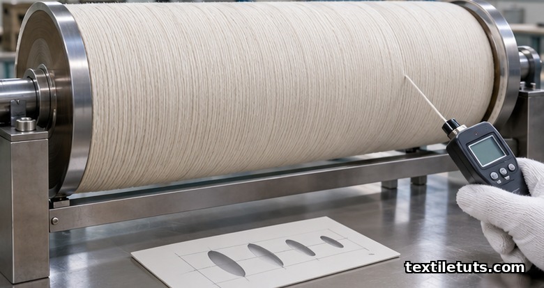 Quality control inspection of a finished weaver's beam with a handheld tension meter measuring individual yarn ends.