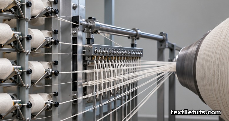 Close-up of a sectional warping creel feeding yarn packages through a guide system toward a tapered conical drum.