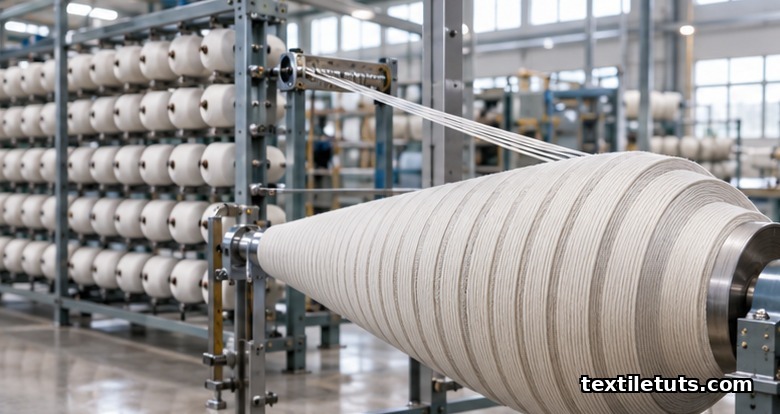 Sectional warping machine in a textile mill: tapered drum winding yarn bands from a multi-tier creel onto a weaver's beam.