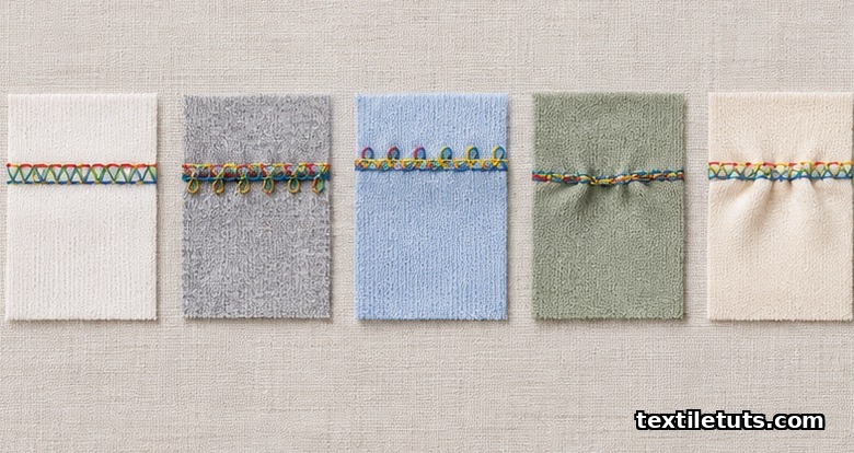 Five fabric swatches comparing a balanced serger seam against looped, tunneled, and puckered defective seams.