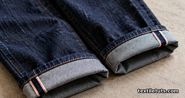 Folded indigo selvedge denim jeans with cuffs turned up, showing the colored selvedge ID thread woven along the outseam.