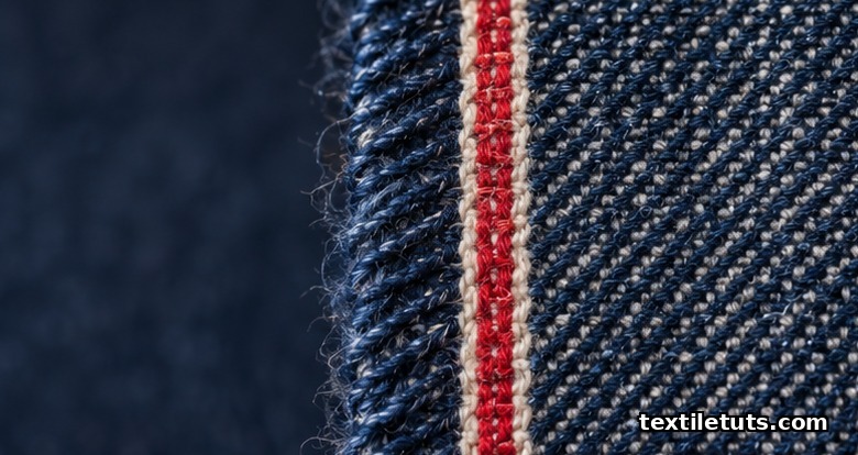 Macro detail of denim selvedge showing the colored red self-finished edge tape tightly woven into the fabric.