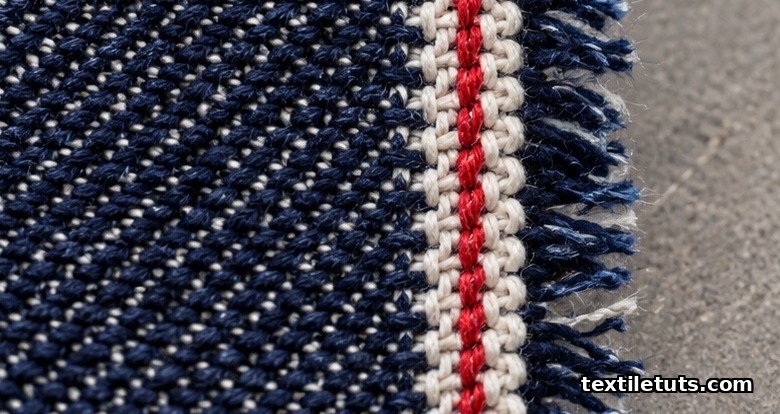 Macro view of selvedge denim edge showing the white weft looping back into the indigo warp.