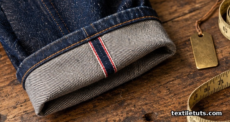 Folded selvedge jeans cuff turned up to show the red selvedge ID band along the inner outseam.