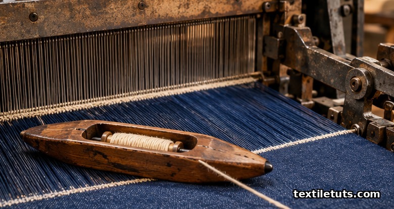 Close-up of a wooden shuttle with cream weft yarn on the warp shed of a shuttle loom weaving indigo denim.