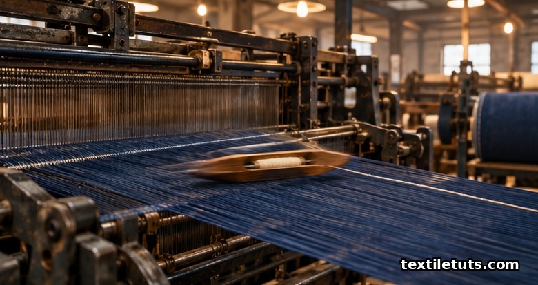 Vintage shuttle loom in operation weaving indigo selvedge denim, wooden shuttle flying across the warp shed with weft yarn trailing.