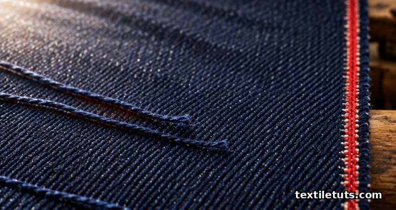 Indigo denim on a shuttle loom showing the red selvedge band woven into the edge.