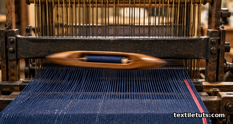 Wooden shuttle flying across the warp shed on a vintage shuttle loom weaving selvedge denim.