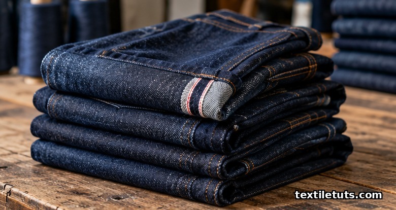 Stack of raw indigo selvedge denim jeans on a workbench, the top pair cuffed to show the colored selvedge ID.