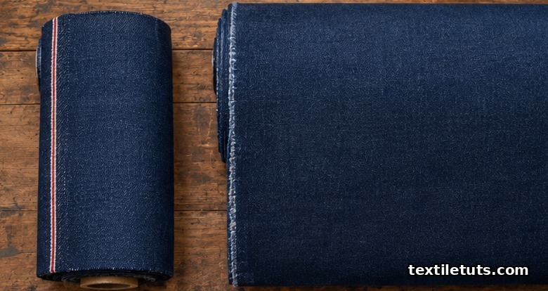 Side-by-side comparison of narrow shuttle-loom selvedge denim roll and wide projectile-loom denim bolt on a wooden table.