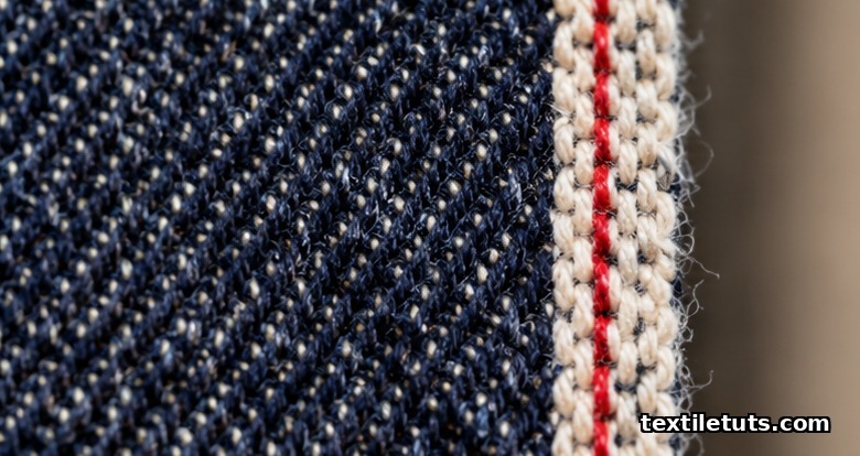 Macro photograph of a selvedge denim edge showing the tight woven border and colored ID thread against indigo warp.