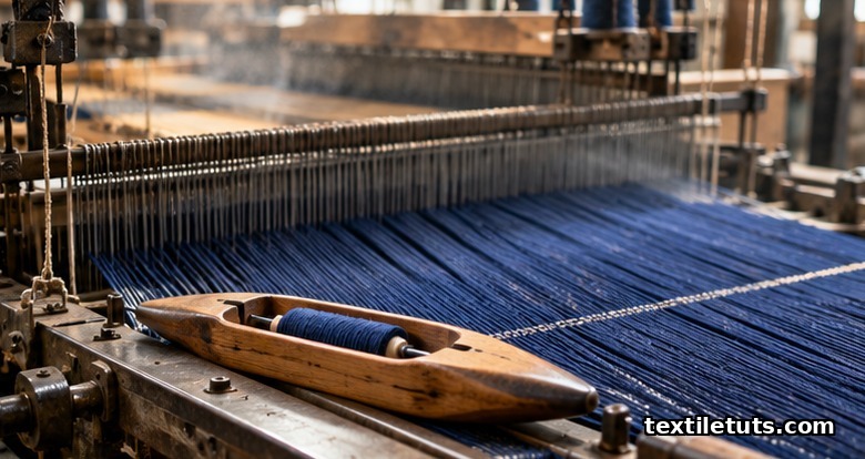 Close-up of a wooden weaving shuttle on the raceplate of a shuttle loom surrounded by taut indigo warp threads.