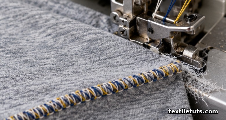 Industrial close-up of a four-thread serged overlock hem trimming and wrapping the raw edge of a heather gray jersey knit.