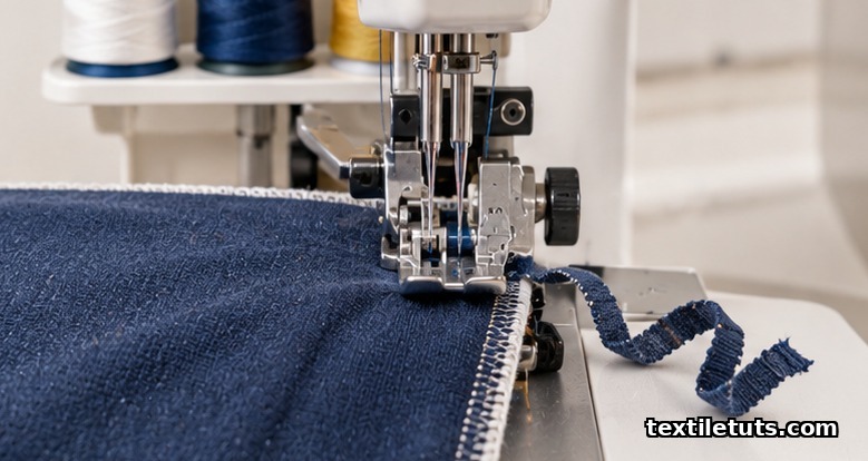 Close-up of a home serger trimming seam allowance while stitching an overlock seam on navy knit fabric