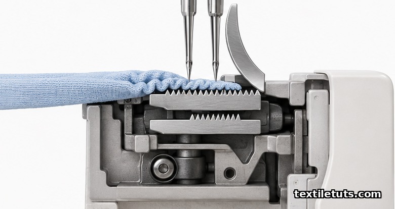 Cutaway illustration of serger feed dogs gathering a strip of knit fabric with needles and cutting blade above.