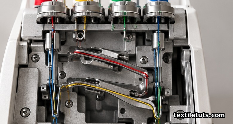 Open serger looper area showing red upper looper thread path and yellow lower looper thread path with both needles.