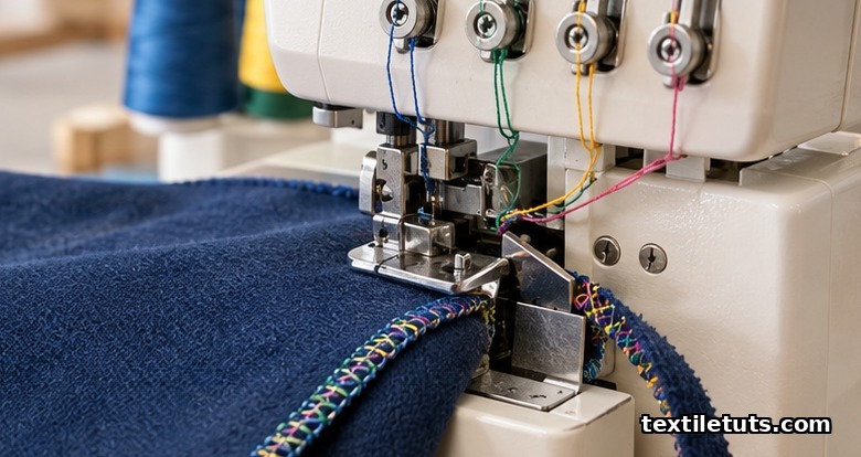 Close-up of an overlock serger trimming and wrapping a knit fabric edge with multiple threads in a single pass