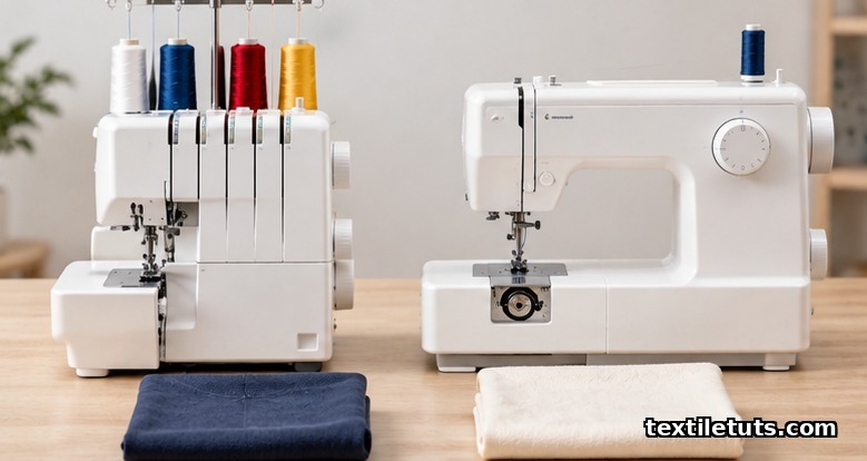Serger and regular sewing machine placed side by side on a workshop table with knit and cotton fabric samples