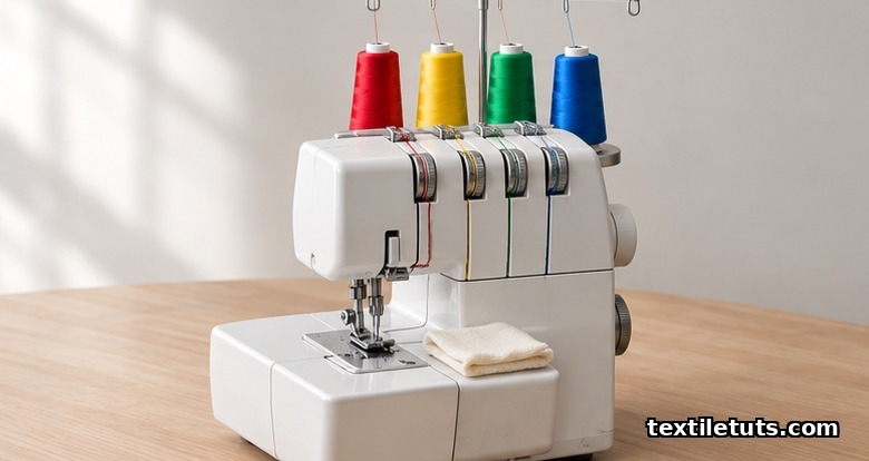 Four-thread serger with red, yellow, green, and blue thread cones descending through tension dials, presser foot raised.