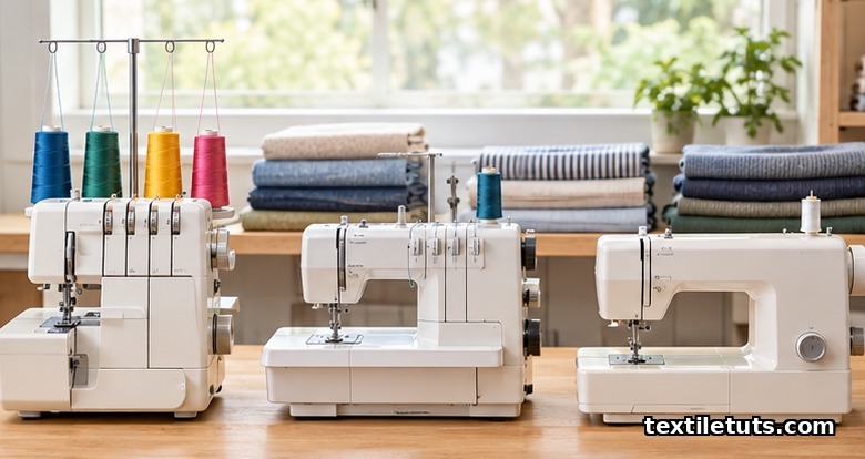 Three sewing machines side by side on a workbench: a serger, a coverstitch, and a regular lockstitch sewing machine, with thread cones and folded fabric