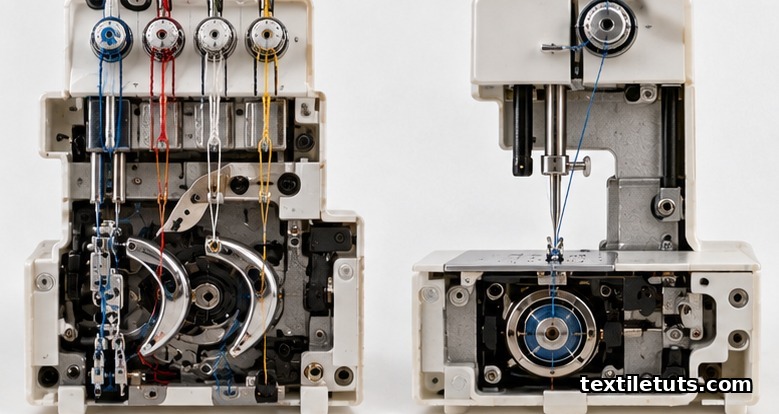 Cutaway view comparing a serger's loopers and blade with a sewing machine's needle and bobbin hook