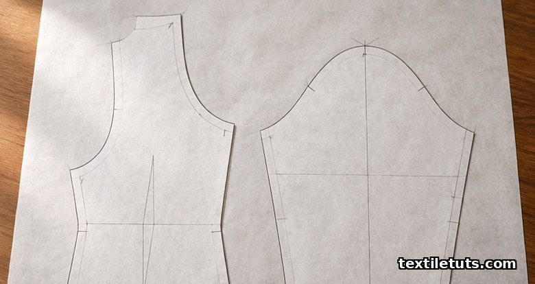 Set-in sleeve pattern with curved teardrop armhole on bodice and matching sleeve cap piece on white tracing paper.