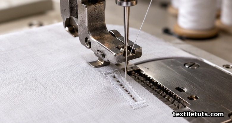 Macro close-up of an industrial sewing machine needle forming a buttonhole with bartack and satin stitch columns.