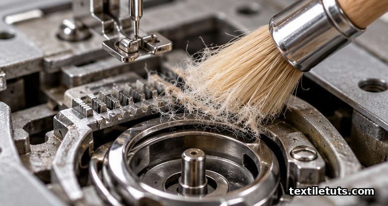 Macro photo of a natural-bristle brush sweeping lint from a sewing machine's bobbin race hook and feed dogs after removing the needle plate.