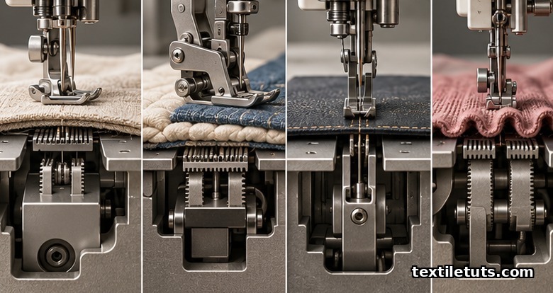 Cutaway view showing drop feed, walking foot, needle feed, and differential feed mechanisms under a presser foot.