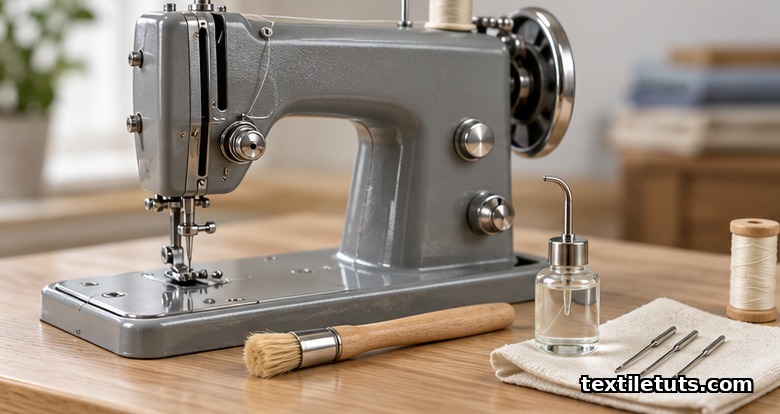 Vintage slate-grey sewing machine on a pale oak table with a cleaning brush, oil bottle, spare needles, and cotton muslin for daily maintenance.