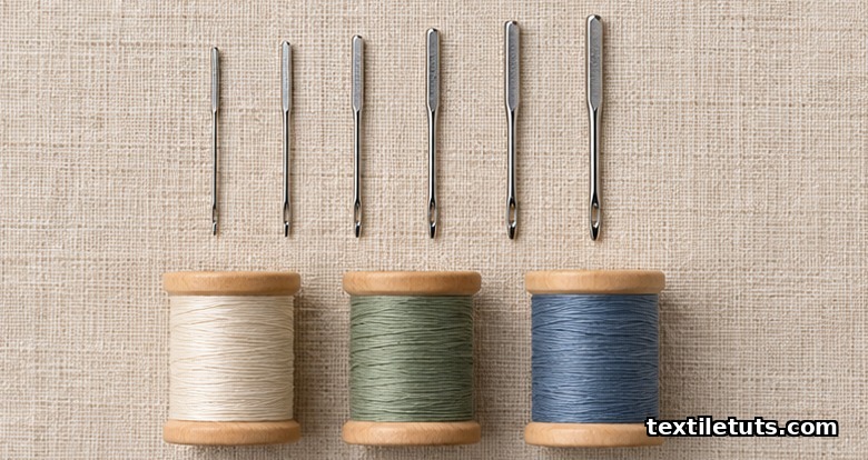 Flat-lay of six graduated sewing-machine needles lined up by size above three wooden spools of cream, sage, and slate-blue Tex-weighted thread on linen.